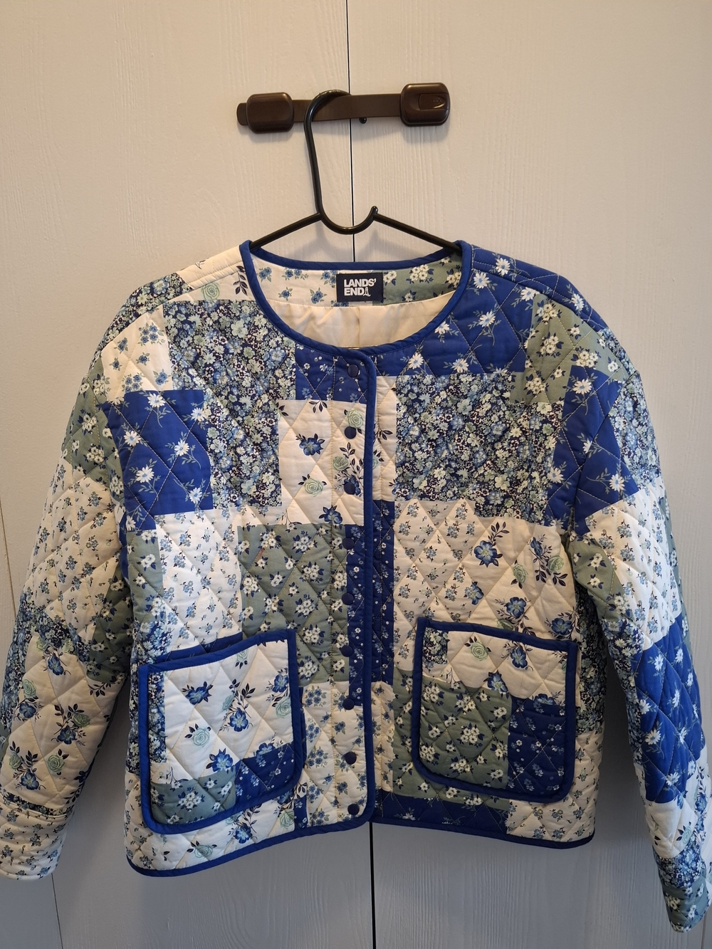 NEW Lands' End Quilted Patchwork Jacket in Blue and White